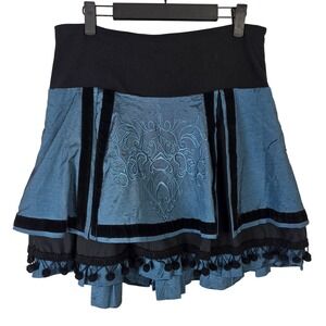 Margo Paris Black Blue Embroidered Velvet Trim Mini Skirt Size 10